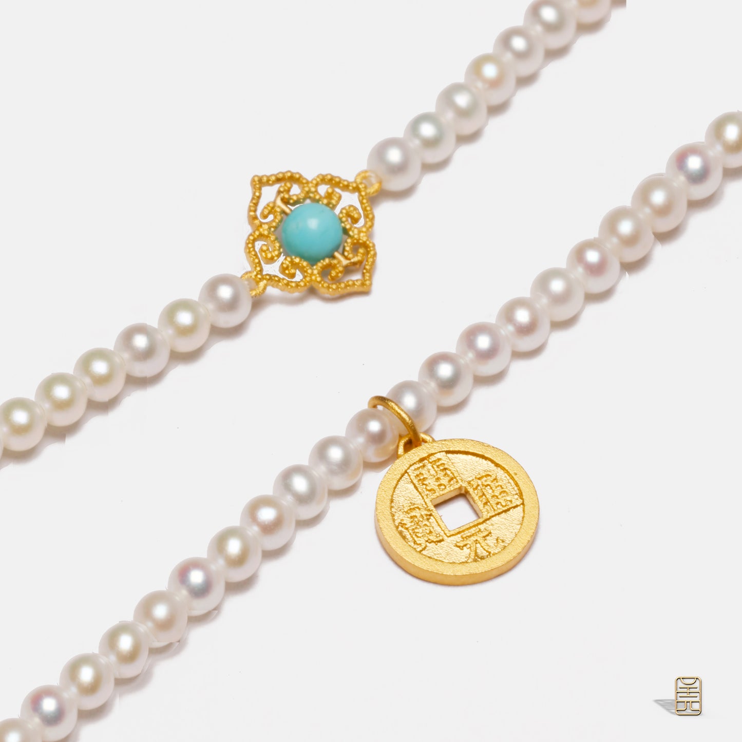 Phoenix, pearl 18k gold turquoise pendant necklace