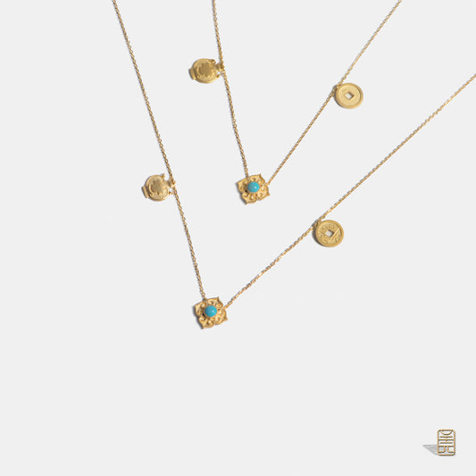 Auspicious symbol, mineral turquoise, 18k gold necklace