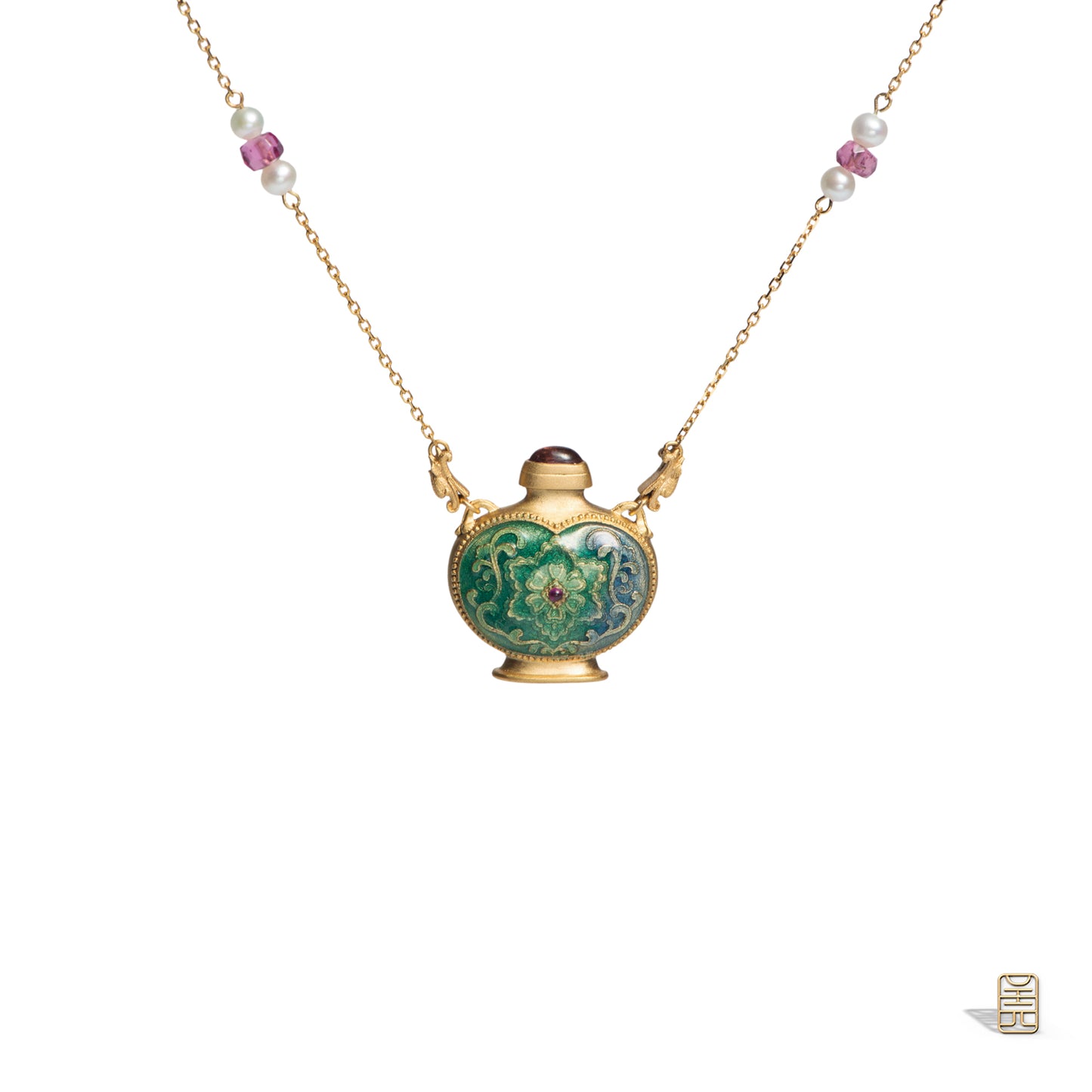 Treasure vase, ruby pearl enamel G18k pendant necklace