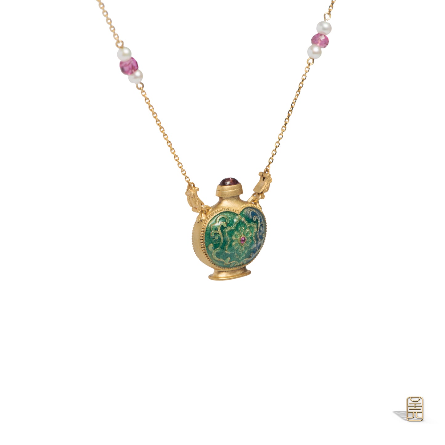 Treasure vase, ruby pearl enamel G18k pendant necklace