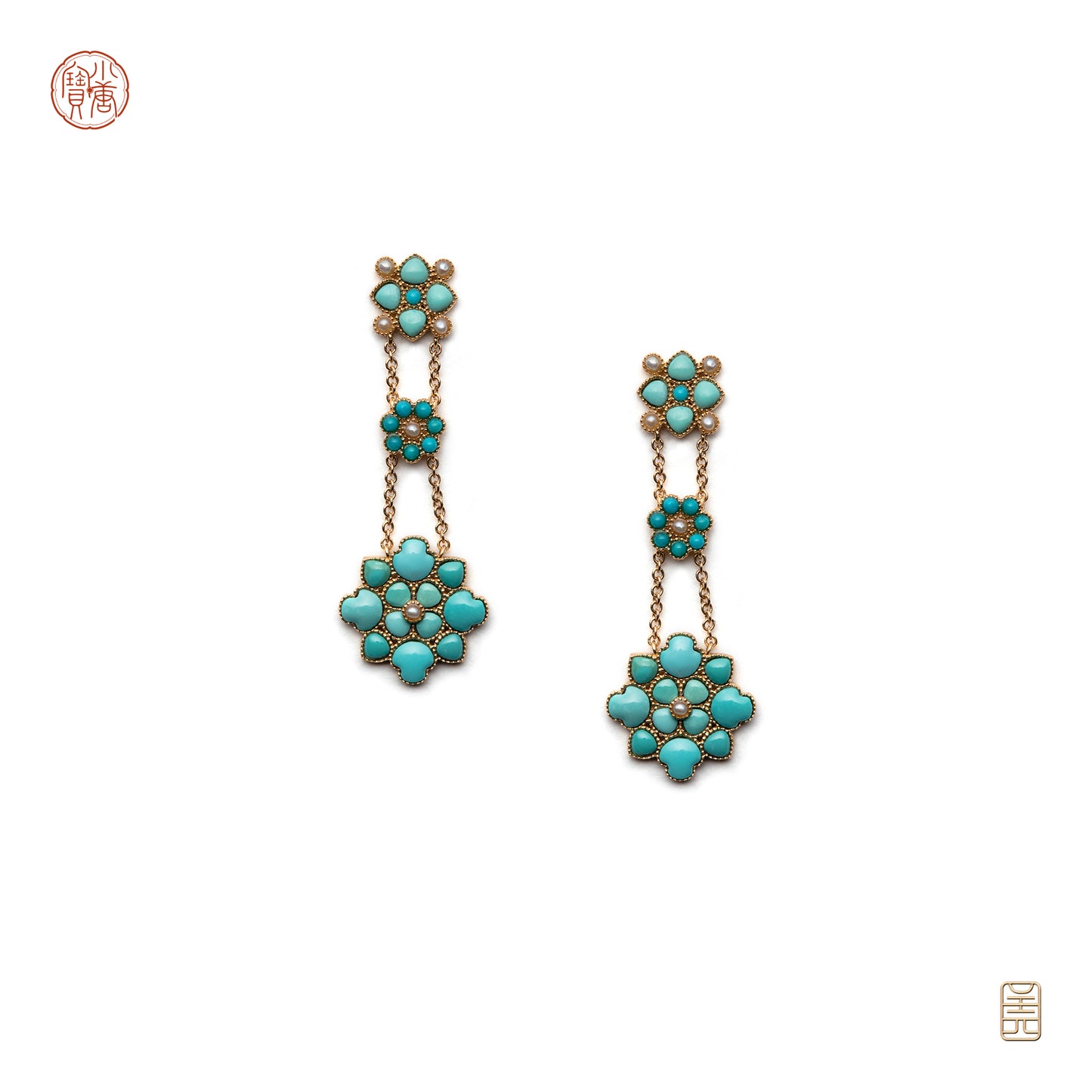 Baoxiang flower drop earrings ，raw ore turquoise pearl G18k