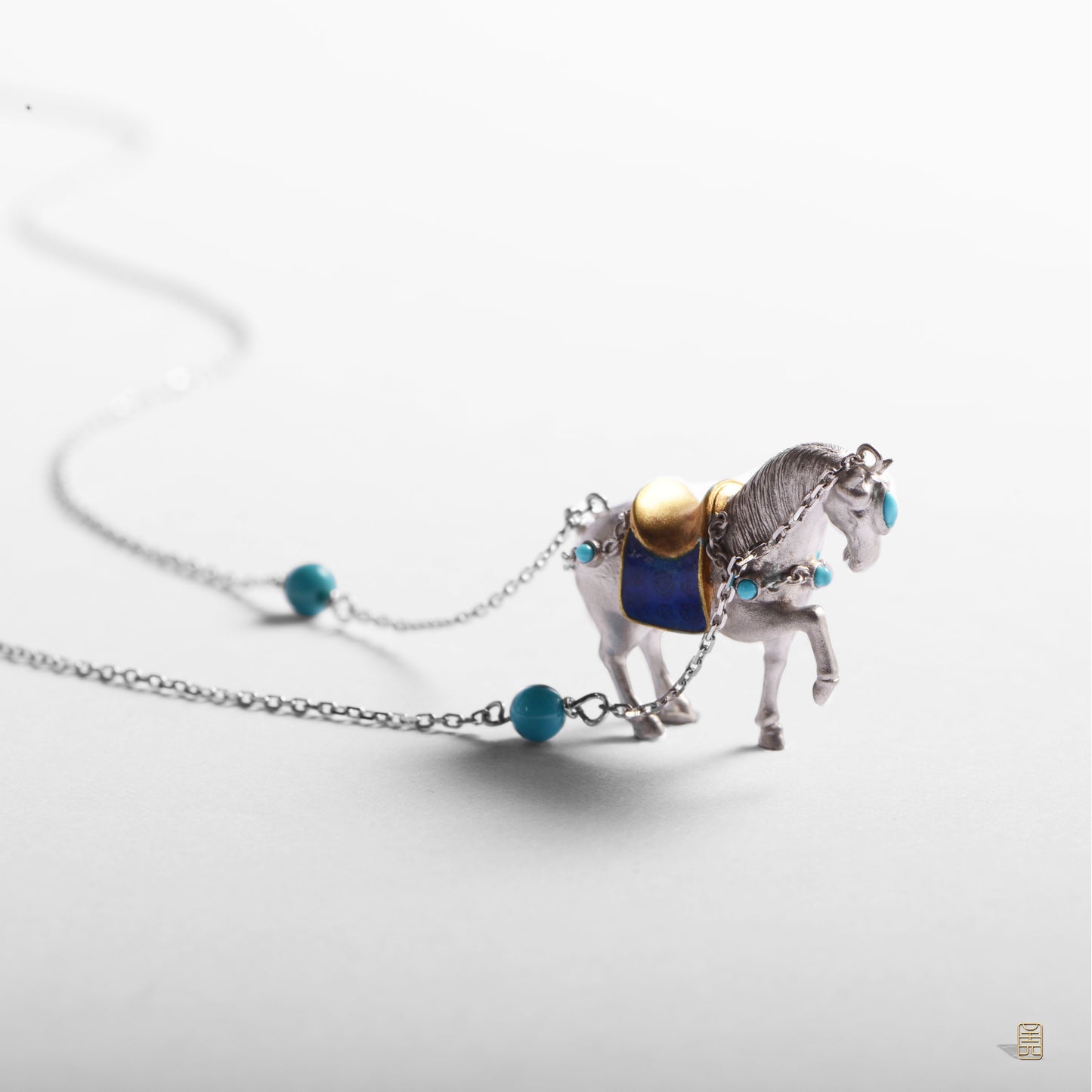 Tang Dynasty horse, enamel, 18k gold, ruby pendant necklace