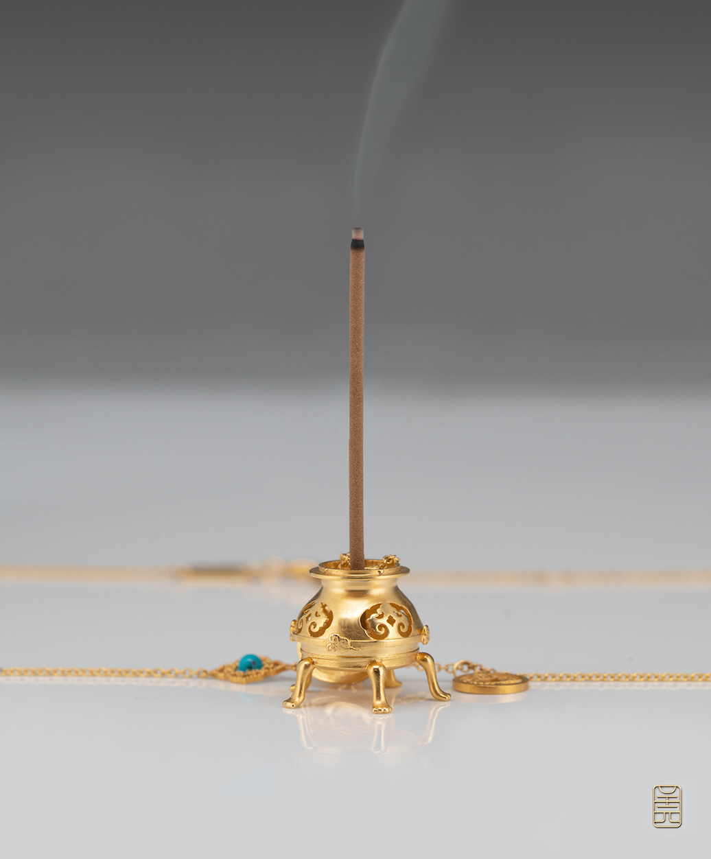 Incense Burner, 18k Gold Pendant Turquoise Necklace