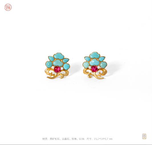 Fortune flower earrings， Turquoise，Fritillaria，pearl spinel, G18k