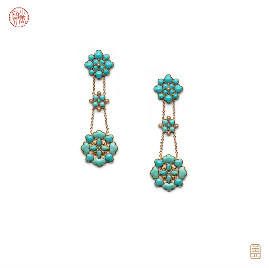 Baoxiang flower drop earrings ，raw ore turquoise pearl G18k