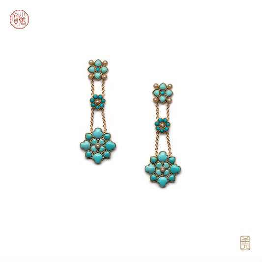 Baoxiang flower drop earrings （M），raw ore turquoise pearl G18k