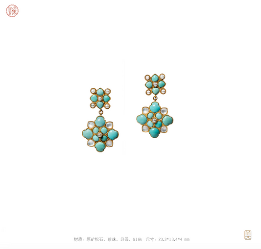 Baoxiang flower drop earrings （S），raw ore turquoise pearl G18k