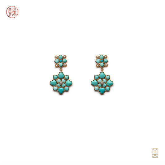 Baoxiang flower drop earrings(s)，raw ore turquoise pearl G18k